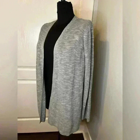 J. Jill‎ Women’s Petite Lg Linen Blend Heathered Grey Open Front Ribbed Cardigan - Picture 2 of 10